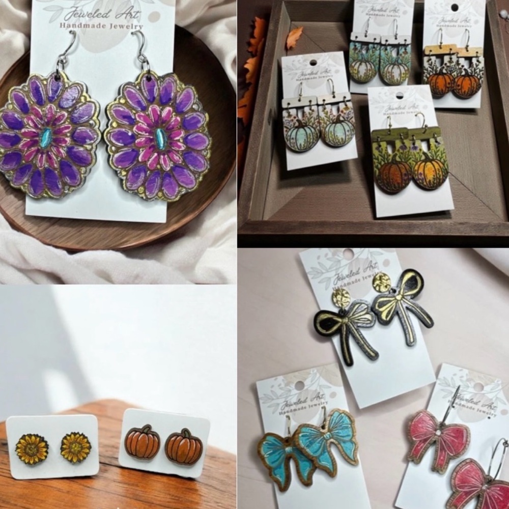 Jeweled Art Hand-Painted Love in the Air Balloon Earrings Wood Engraved - Picture 8 of 10